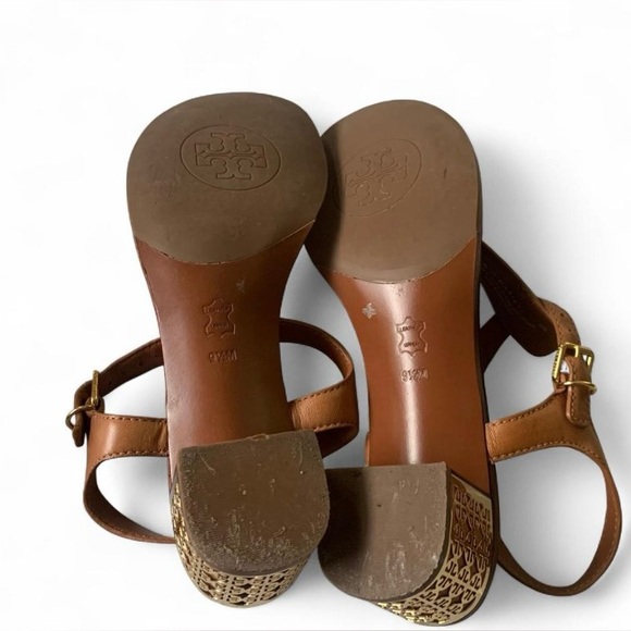 Tory Burch metal logo strap leather sandals size 9.5 brown summer block heel - Picture 4 of 11